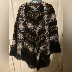 Vintage Granny-Core Sweater Poncho with Fish Design